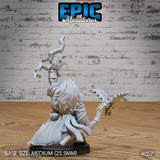 White-haired dwarf spellcaster viewed from behind, arm raised aloft with a branching lightning bolt, robes and hair rendered in deep flowing detail, dragon-headed staff extended to one side. Sculpt by Epic Miniatures.