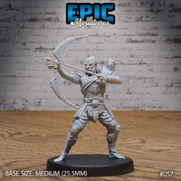 Hobgoblin hunter miniature in a wide combat stance, bow at full draw with arrow nocked, wearing segmented plate armour, fur tassets, and a back-mounted quiver. Sculpt by Epic Miniatures.