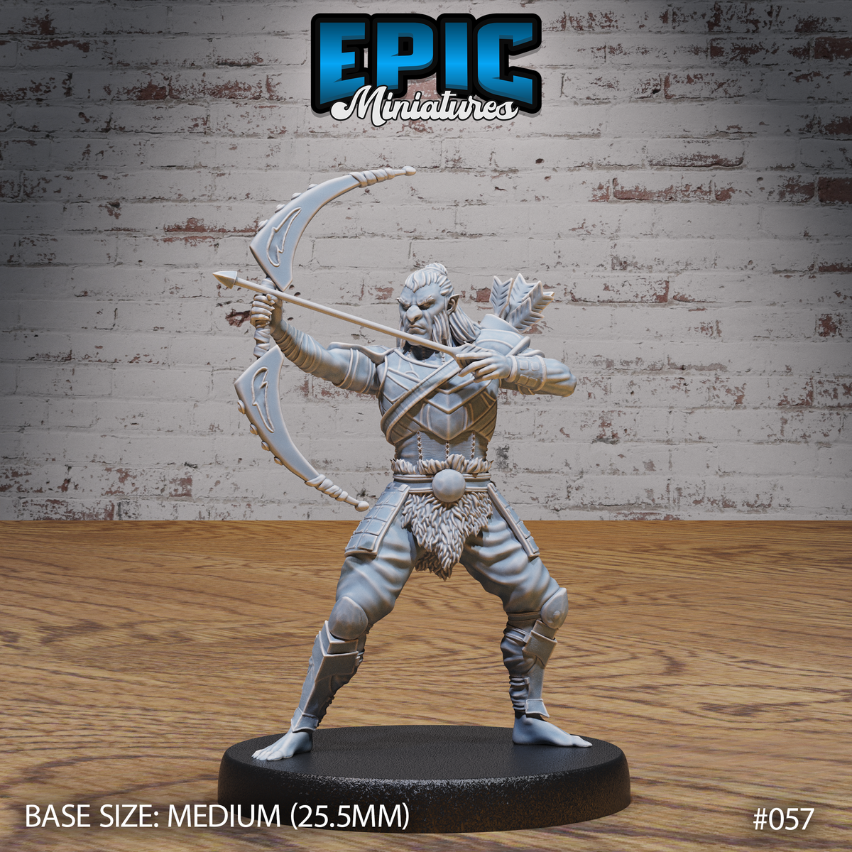 Hobgoblin hunter miniature in a wide combat stance, bow at full draw with arrow nocked, wearing segmented plate armour, fur tassets, and a back-mounted quiver. Sculpt by Epic Miniatures.