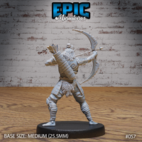 Hobgoblin hunter miniature seen from behind, showing a detailed back plate with scroll-work, long flowing hair tied up, a full quiver of arrows, and a recurve bow extended to the side. Sculpt by Epic Miniatures.
