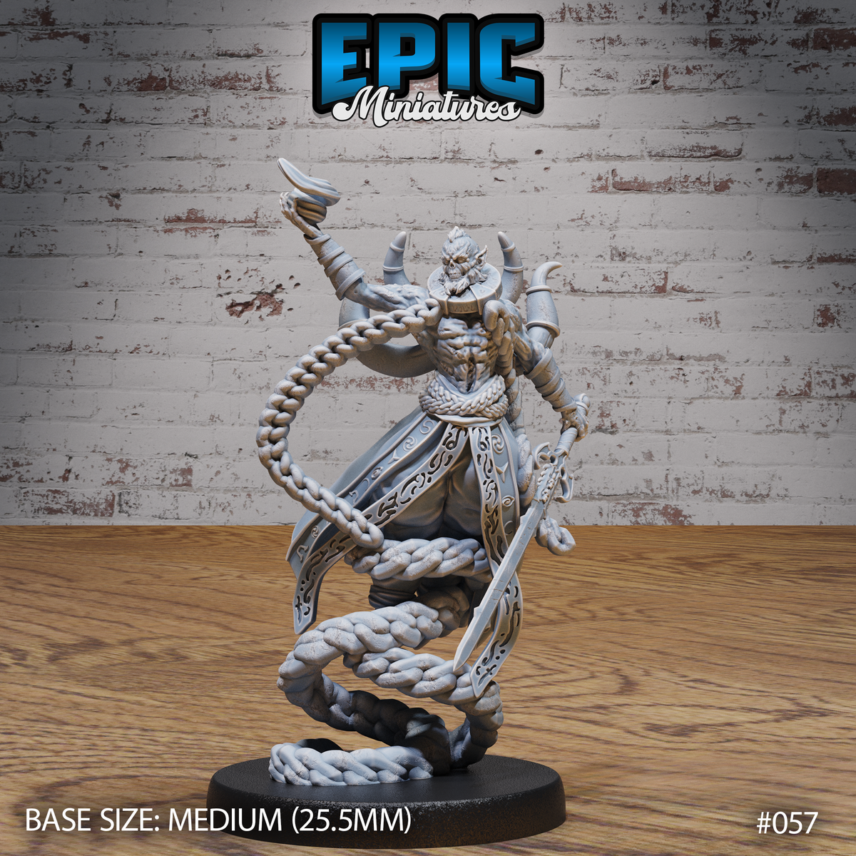 Gaunt horned lich miniature rising from a coiled mass of braided chains, one arm raised holding a staff tip, the other gripping a slender blade, ornate scrollwork robes tearing at the hem. Sculpt by Epic Miniatures.