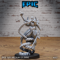 Gaunt horned lich miniature rising from a coiled mass of braided chains, one arm raised holding a staff tip, the other gripping a slender blade, ornate scrollwork robes tearing at the hem. Sculpt by Epic Miniatures.