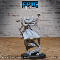 Horned lich miniature viewed from behind, broad shoulderplate and flowing cloak visible, lower body dissolving into a tangle of thick braided chain links pooled at the base, one arm raised aloft. Sculpt by Epic Miniatures.