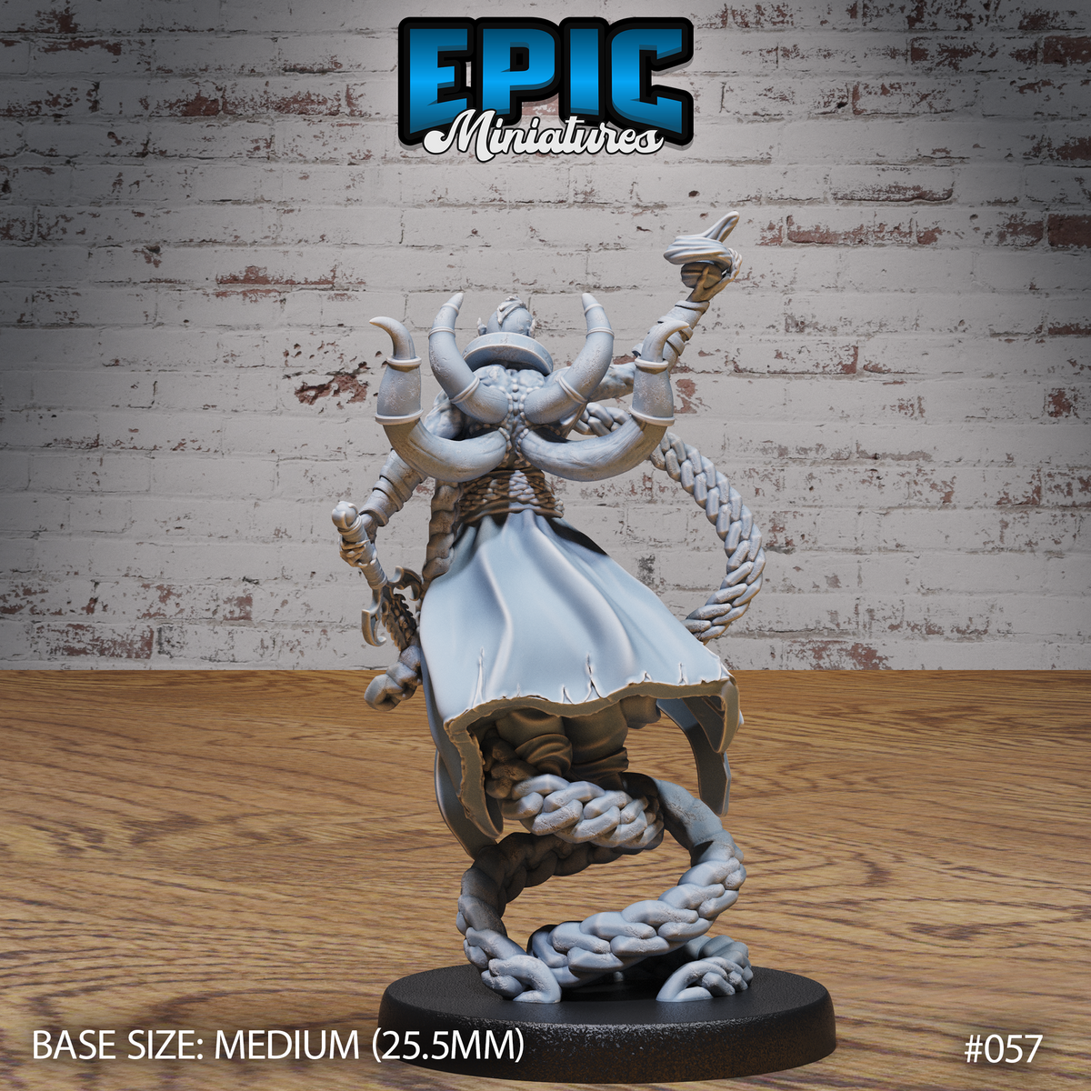 Horned lich miniature viewed from behind, broad shoulderplate and flowing cloak visible, lower body dissolving into a tangle of thick braided chain links pooled at the base, one arm raised aloft. Sculpt by Epic Miniatures.