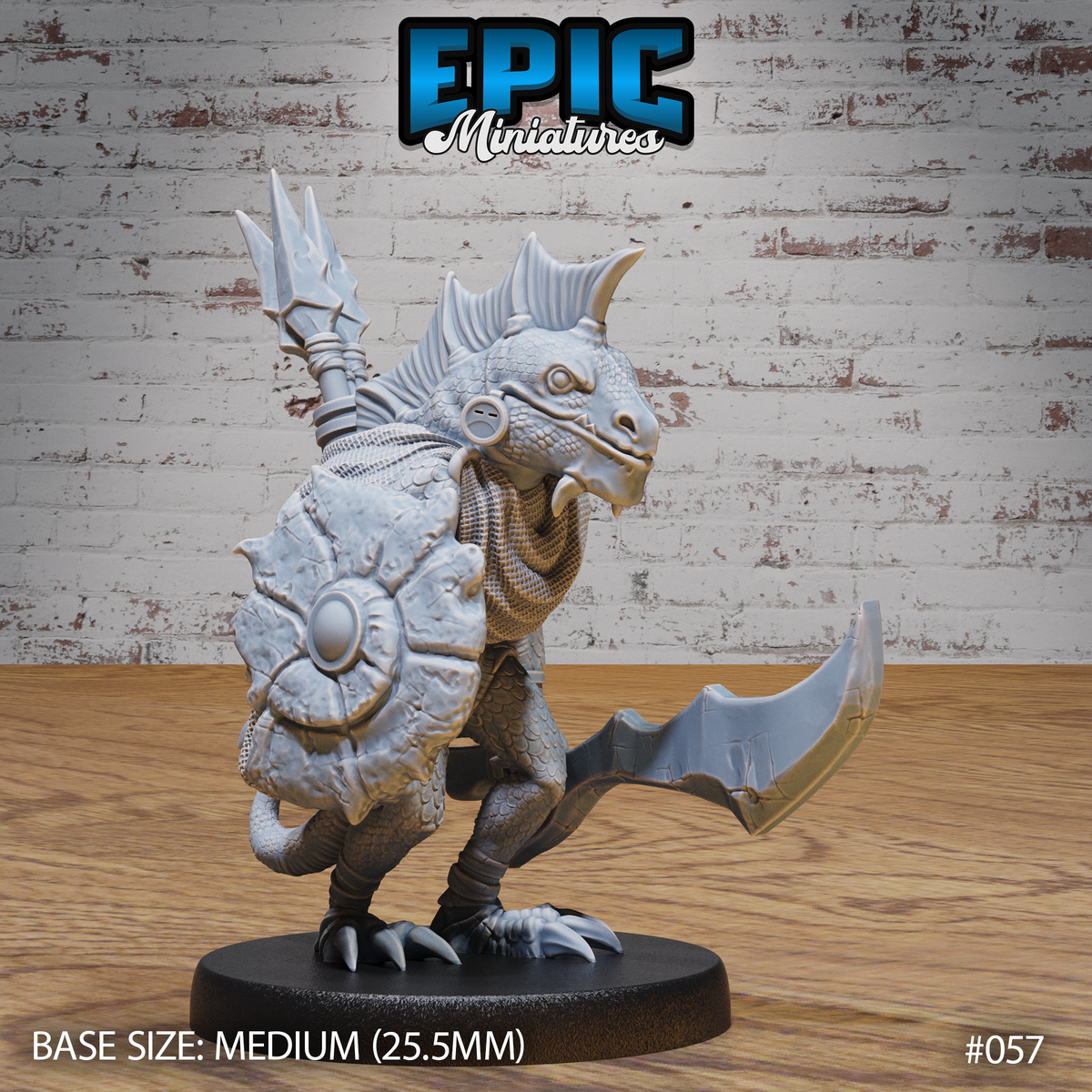 Lizardfolk warrior facing right, gripping a broad curved axe low in one claw, round boss shield and bundled trident strapped to back, mail coif around neck, dorsal crest raised, mid-stride. Sculpt by Epic Miniatures.