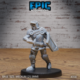 Armoured knight in a low defensive stance, sword levelled forward and kite shield raised at hip height, wearing full plate with disc pauldrons, a chest sigil, and an open-faced helm. Sculpt by Epic Miniatures.