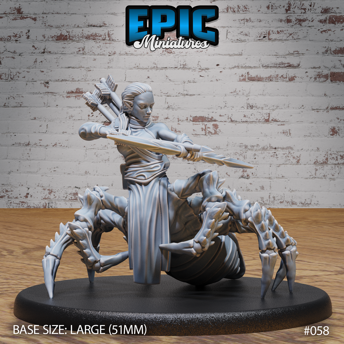 Drider folk archer facing forward with spear levelled in right hand, humanoid upper body merging into a large barbed spider body with eight segmented legs, full arrow quiver on back. Epic Miniatures.