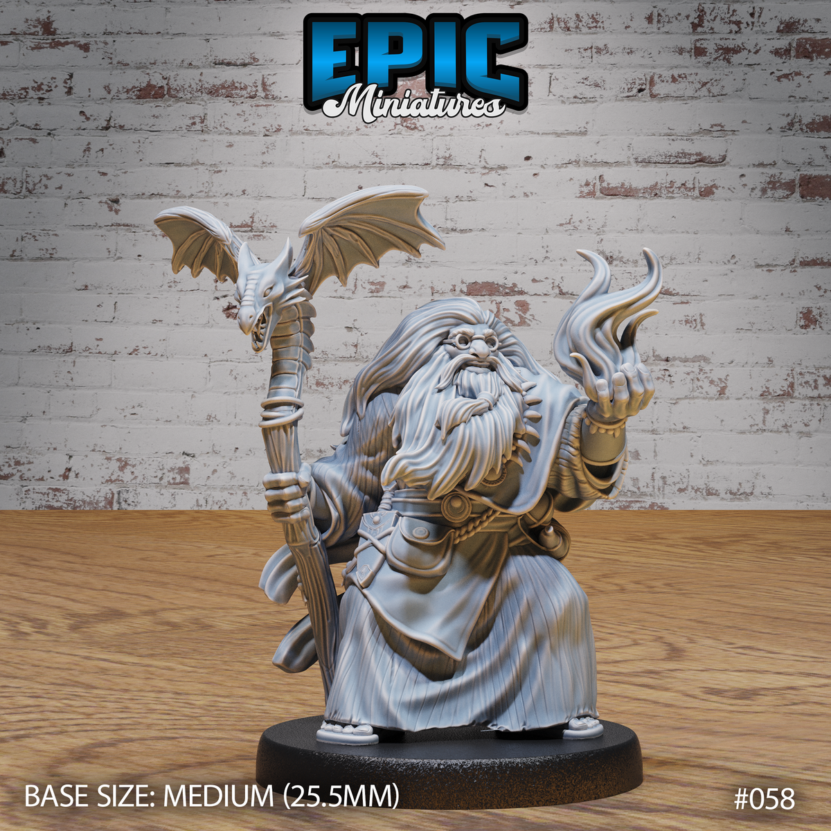 Stocky bearded dwarf mage facing forward, raising one hand to conjure swirling flame while gripping a tall staff topped with a winged dragon head. Long layered robes, spectacles, and a rope belt. By Epic Miniatures.
