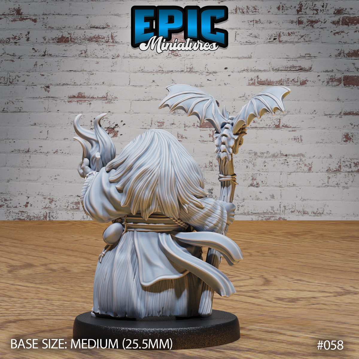 Same bearded dwarf mage seen from behind, showing the full sweep of his layered robes and the dragon-winged staff held aloft in his right hand. Flame tendrils rise from his left hand at his side. By Epic Miniatures.