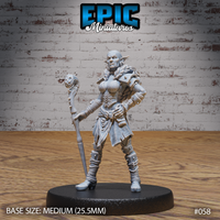 Bald female hobgoblin standing with weight on her back leg, gripping a tall skull-topped staff at her side, wearing a fur cloak, plated corset armour, and wrapped greaves. Sculpt by Epic Miniatures.