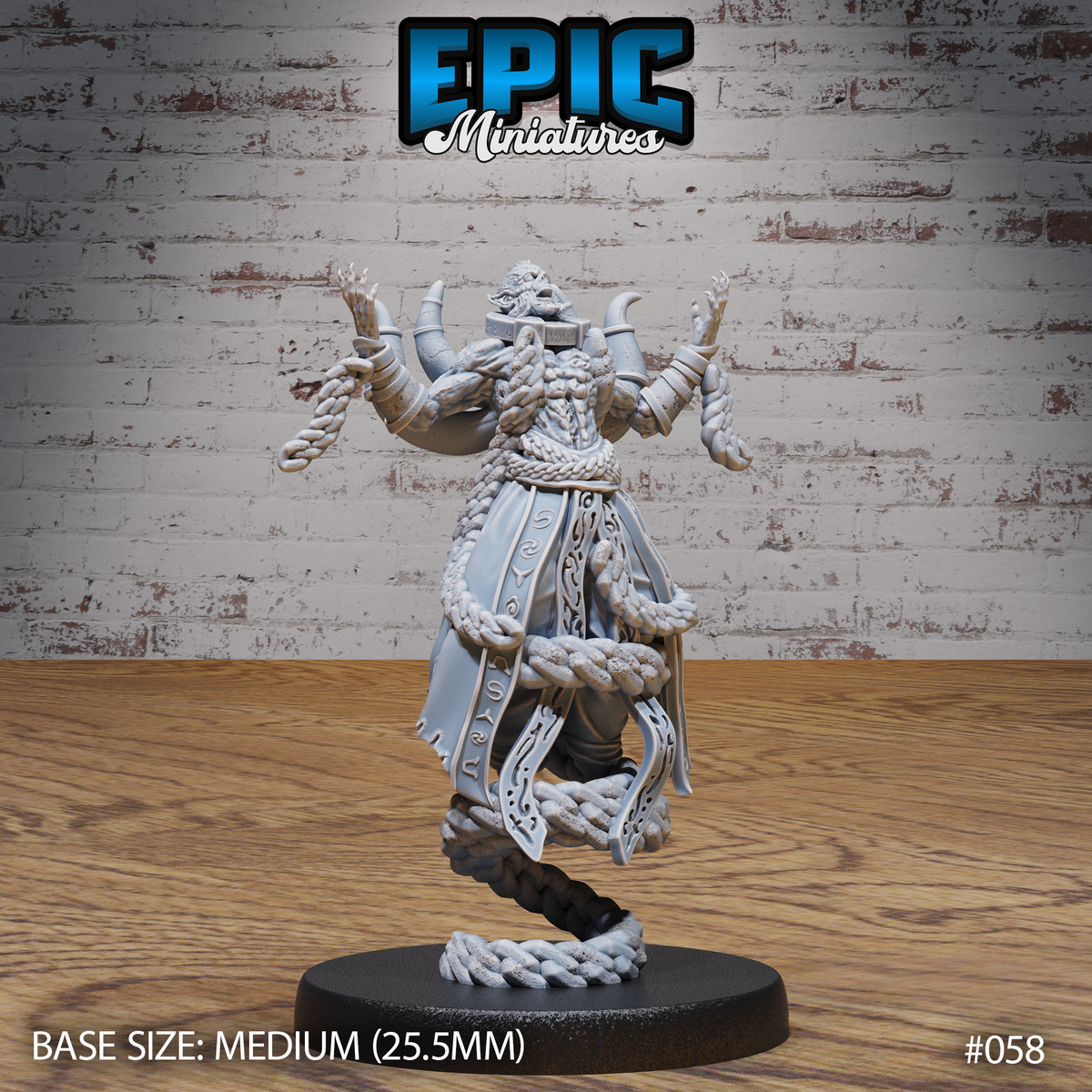 Lich miniature with arms raised wide, clawed hands splayed, wearing horned pauldrons and rune-etched robes with braided rope tendrils coiling around its body. Sculpt by Epic Miniatures.