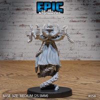 Lich miniature seen from the rear showing scaled spine armour, flowing cloak with knotwork detail, braided tendrils cascading down the back, and a twisted rope braid base. Sculpt by Epic Miniatures.