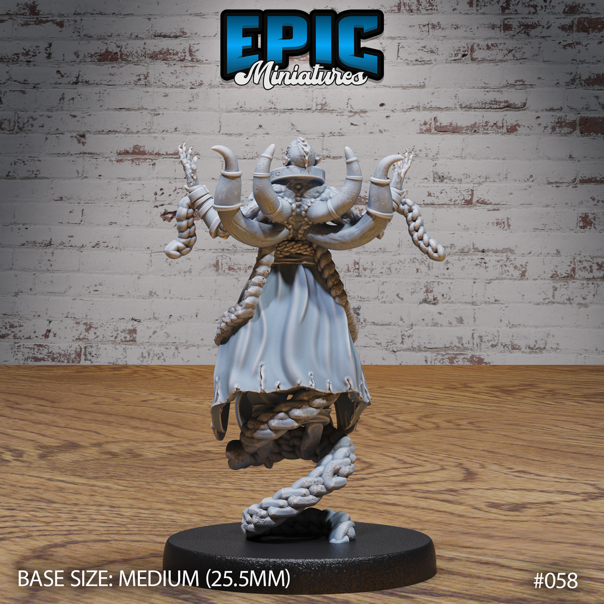 Lich miniature seen from the rear showing scaled spine armour, flowing cloak with knotwork detail, braided tendrils cascading down the back, and a twisted rope braid base. Sculpt by Epic Miniatures.