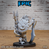 Lizardfolk warrior from behind showing a battered round shield slung across the back alongside bound javelins, tail curling low, clawed feet gripping the base, scale-textured hide armour visible across the shoulders and legs. Sculpt by Epic Miniatures.