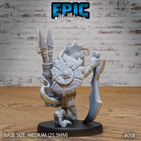 Lizardfolk warrior from behind showing a battered round shield slung across the back alongside bound javelins, tail curling low, clawed feet gripping the base, scale-textured hide armour visible across the shoulders and legs. Sculpt by Epic Miniatures.