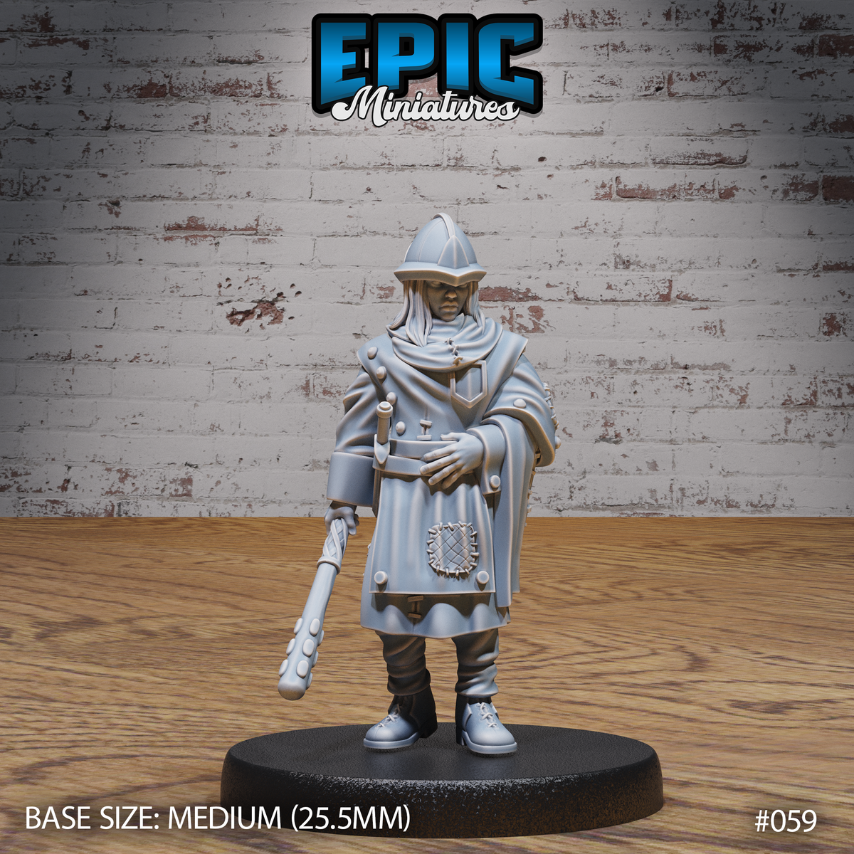 Female guard in a pointed kettle helm and heavy layered cloak, holding a studded mace at her side, short blade at hip, stern expression, standing upright. Sculpt by Epic Miniatures.