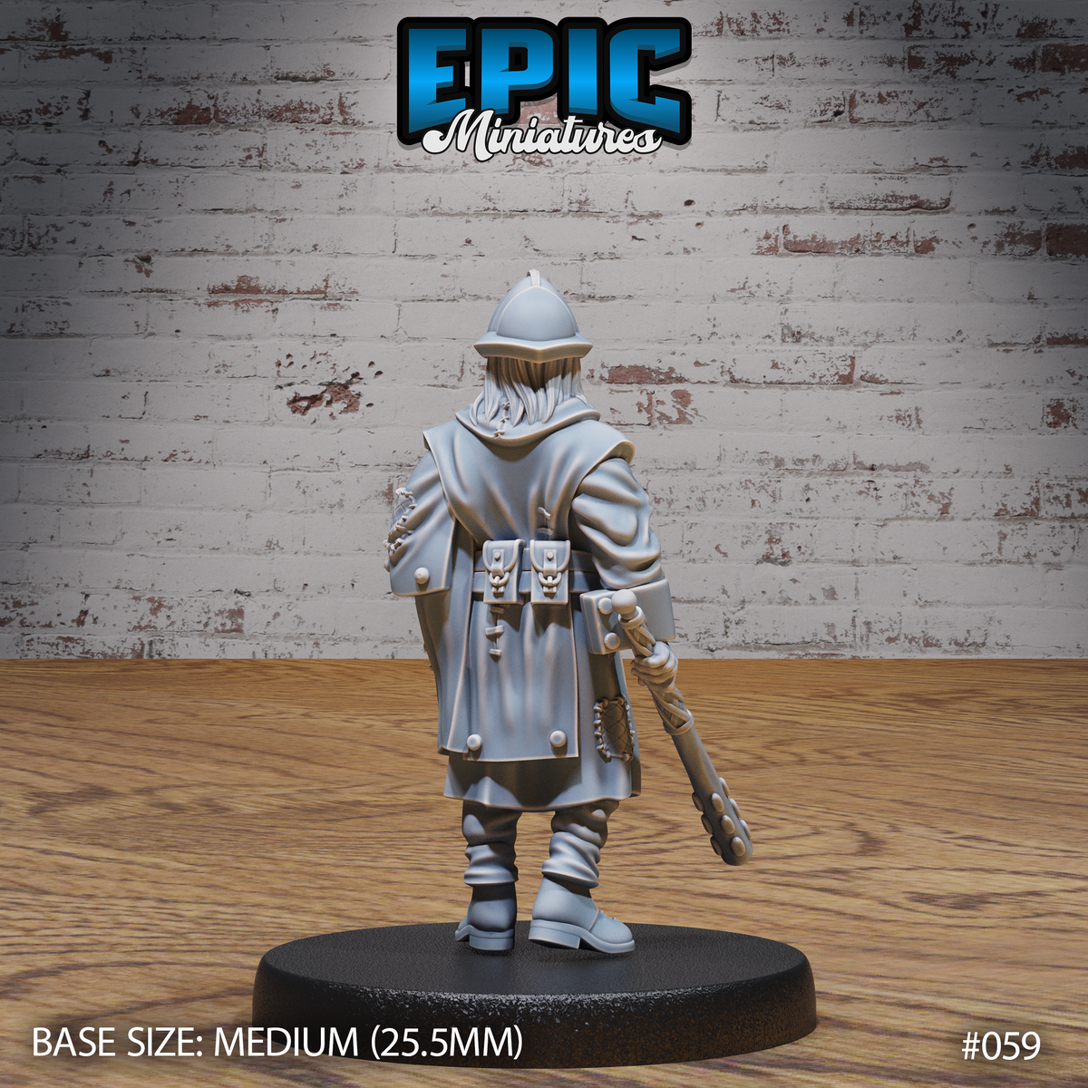 Female guard seen from behind, layered cloak with twin belt pouches visible, pointed kettle helm, long hair over shoulders, studded mace gripped at her side. Sculpt by Epic Miniatures.