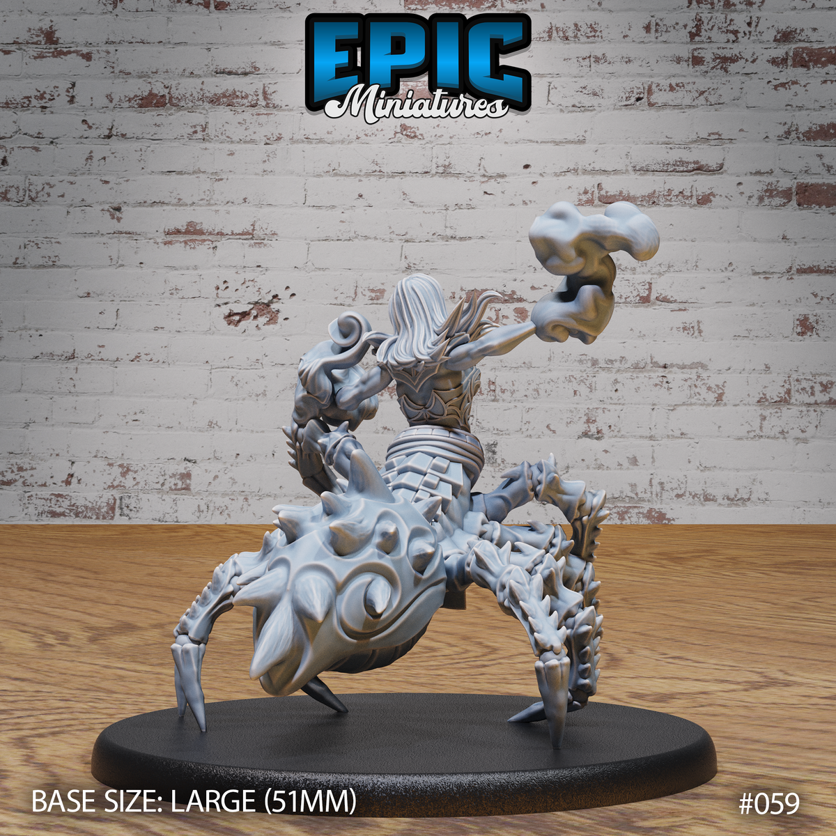 Drider Folk Sorceress by Epic Miniatures — rear view showing ornate swirling carapace markings on the large spider abdomen, segmented barbed legs, backplate armour detail on the humanoid torso, and magical smoke effect raised overhead.