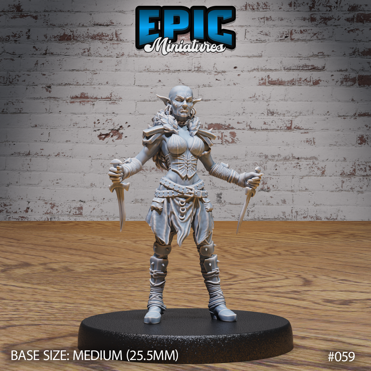 Hobgoblin female miniature standing with a dagger in each hand, wearing studded leather armour, spiked bracers, fur mantle, and wrapped greaves. Shaved head with pointed ears and a focused expression. Sculpt by Epic Miniatures.