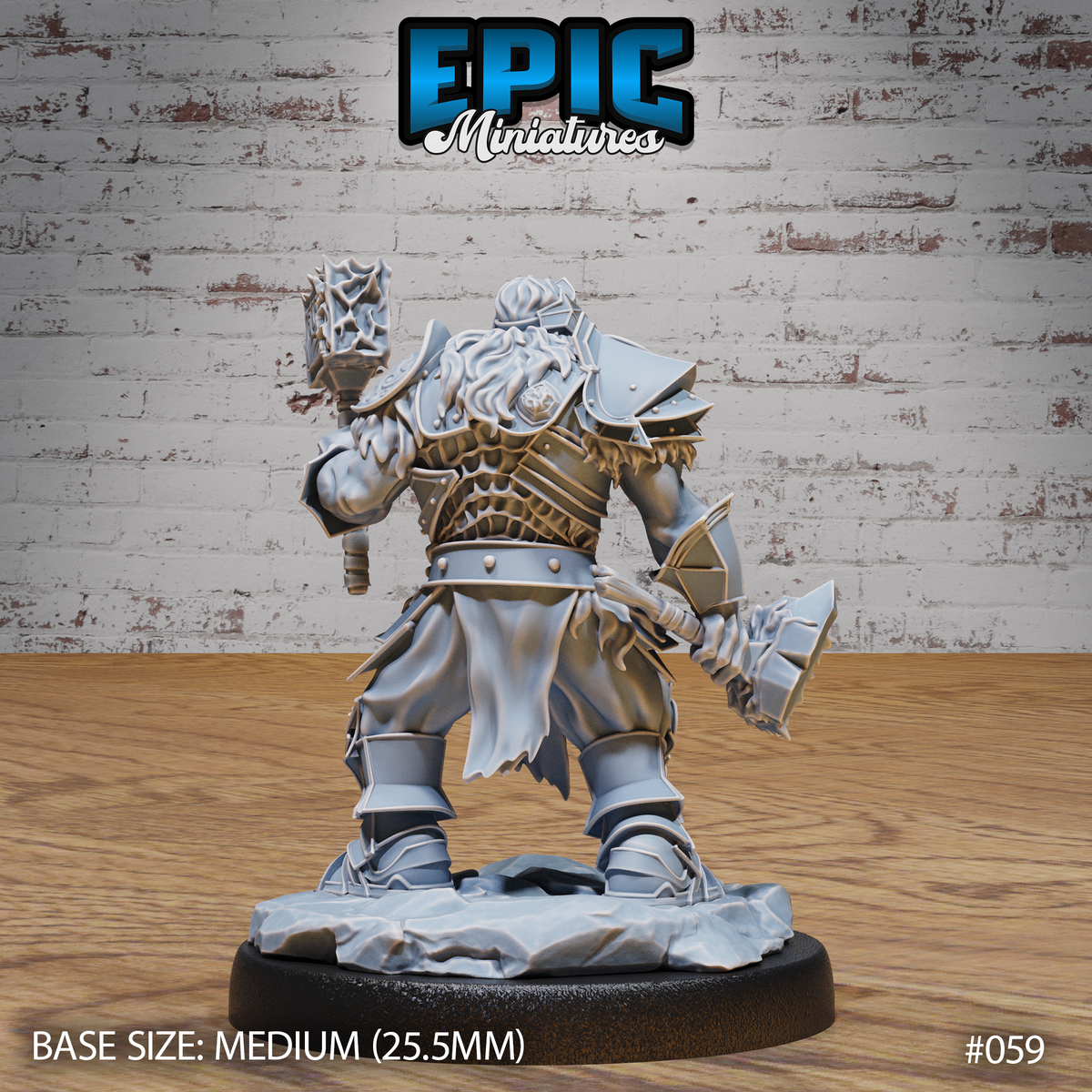 Dwarven warrior seen from behind, revealing layered scale-textured back armour, a fur-trimmed cloak, and a spiked warhammer raised in one hand with an axe at his side. Sculpt by Epic Miniatures.