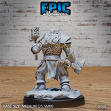 Dwarven warrior seen from behind, revealing layered scale-textured back armour, a fur-trimmed cloak, and a spiked warhammer raised in one hand with an axe at his side. Sculpt by Epic Miniatures.