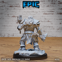 Dwarven warrior seen from behind, revealing layered scale-textured back armour, a fur-trimmed cloak, and a spiked warhammer raised in one hand with an axe at his side. Sculpt by Epic Miniatures.