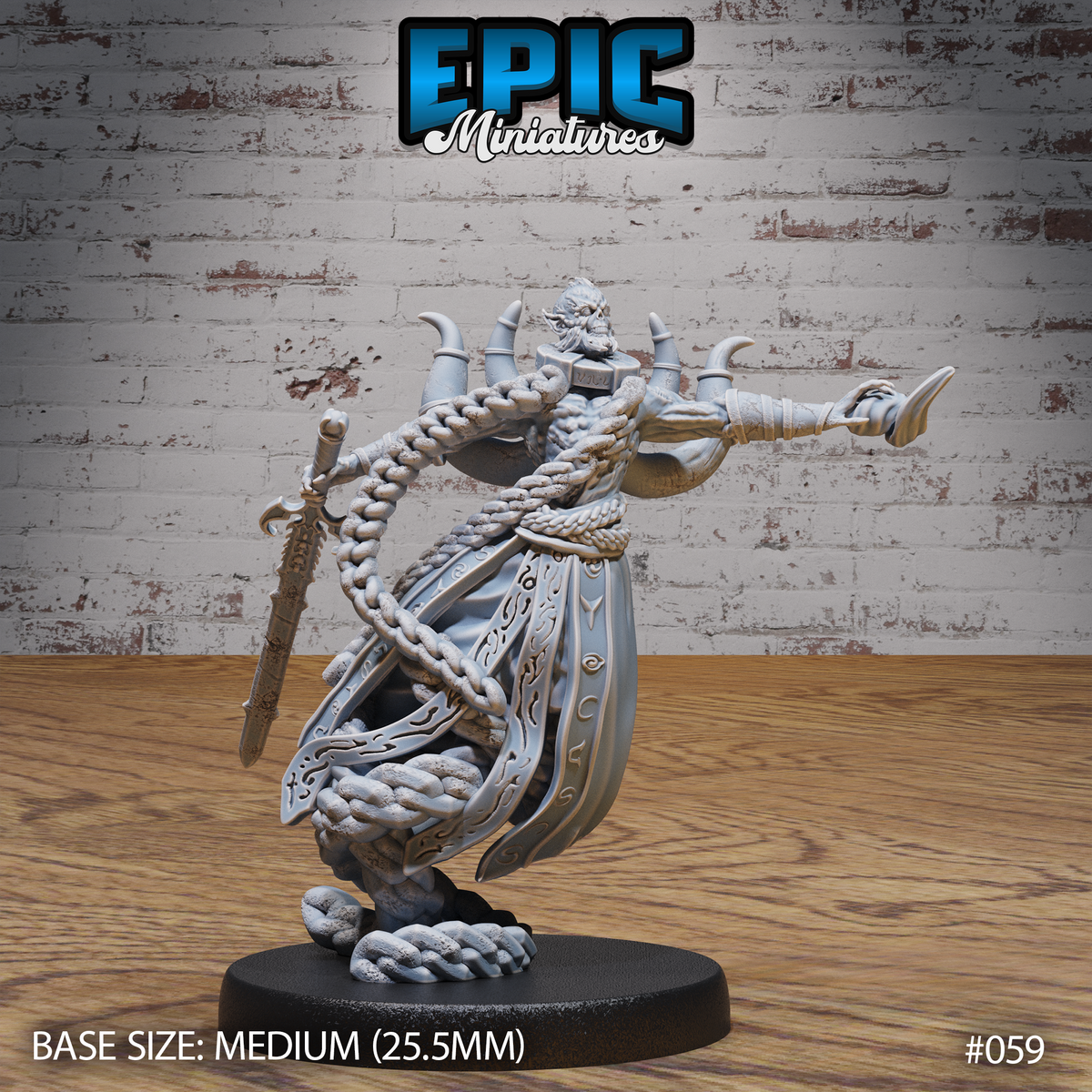 Skull-faced lich miniature drifting above braided chains, one arm outstretched casting a spell, other hand holding a slender blade, wearing inscribed robes with crescent horns. Sculpt by Epic Miniatures.