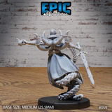 Lich miniature with crescent horns and thick braided chains replacing legs, gesturing forward with open hand, slender blade trailing behind, plain robes visible from rear angle. Sculpt by Epic Miniatures.