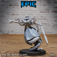 Lich miniature with crescent horns and thick braided chains replacing legs, gesturing forward with open hand, slender blade trailing behind, plain robes visible from rear angle. Sculpt by Epic Miniatures.