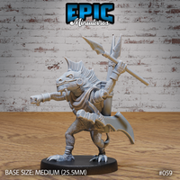 Lizardfolk warrior leaning forward in an aggressive stance, right fist raised and spear held behind the shoulder, wearing wrapped hide armour and a dorsal crest of stiffened frills. Sculpt by Epic Miniatures.