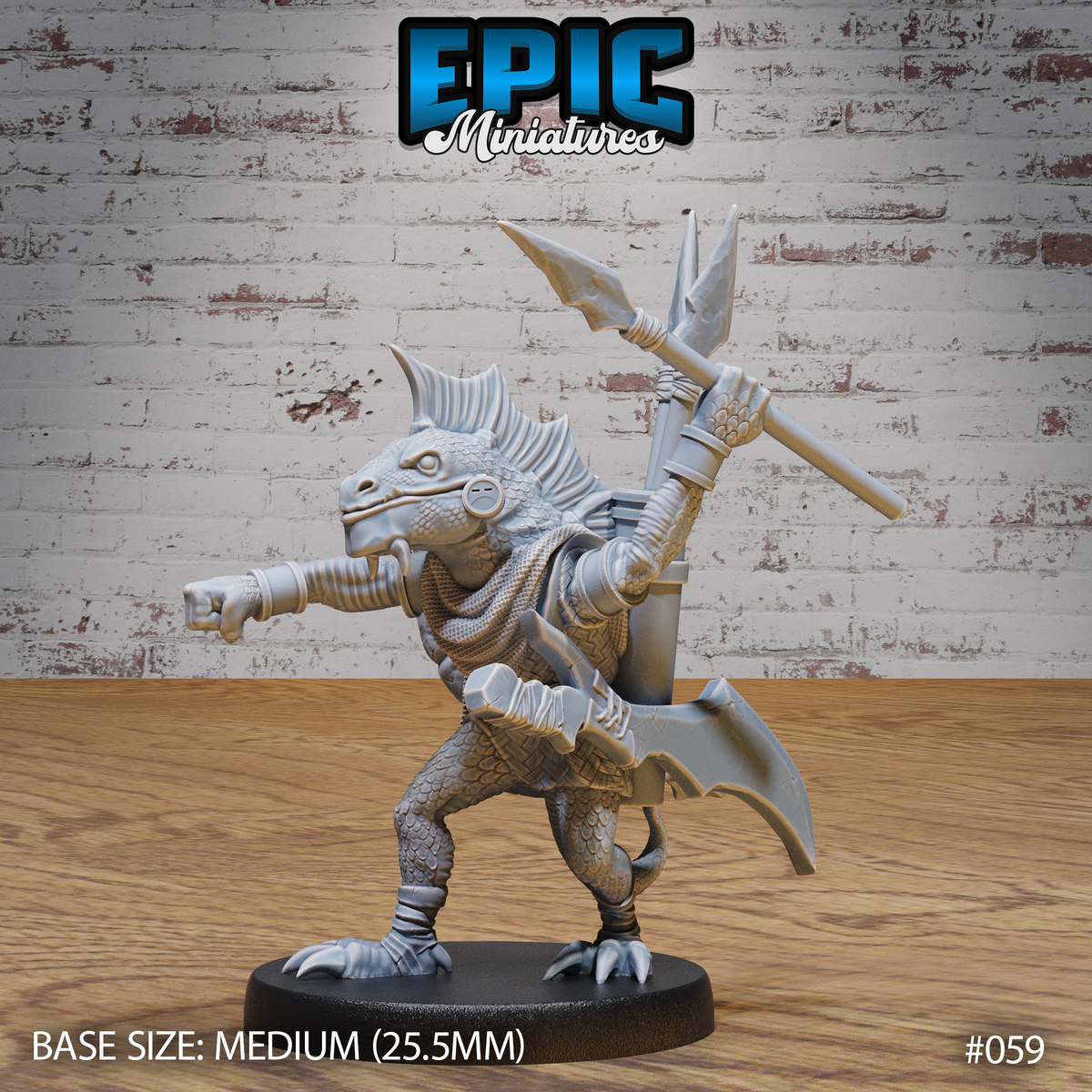 Lizardfolk warrior leaning forward in an aggressive stance, right fist raised and spear held behind the shoulder, wearing wrapped hide armour and a dorsal crest of stiffened frills. Sculpt by Epic Miniatures.