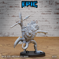 Lizardfolk warrior viewed from behind and to the side, showing a large round hide shield strapped to the back, a crested head turned outward, and a long scaled tail curving to the ground. Sculpt by Epic Miniatures.
