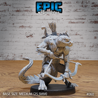 Lizardfolk bandit miniature crouching forward with crossbow raised, wearing strapped leather harness over scaled hide, with a heavy pack and sheathed blade on its back. Sculpt by Epic Miniatures.