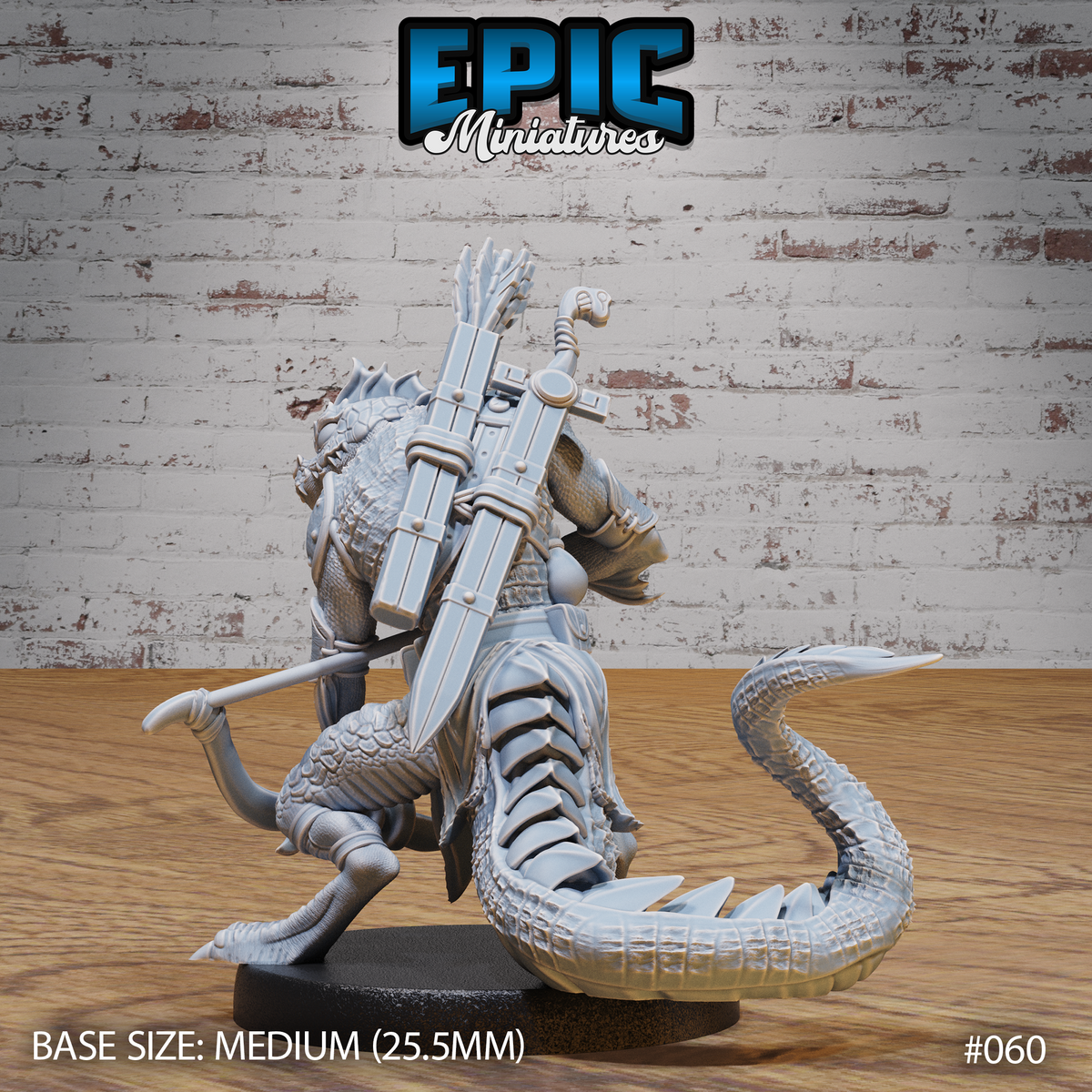 Lizardfolk bandit miniature seen from behind, showing a large lashed pack, a sheathed longsword strapped across the back, and a sweeping scaly tail. Sculpt by Epic Miniatures.