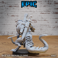 Lizardfolk bandit miniature seen from behind, showing a large lashed pack, a sheathed longsword strapped across the back, and a sweeping scaly tail. Sculpt by Epic Miniatures.
