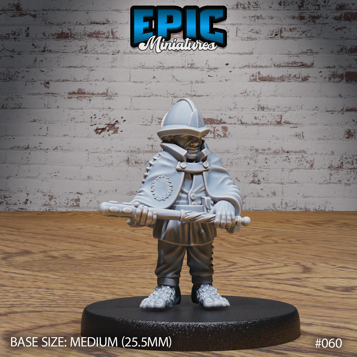 Stocky halfling guard standing upright, gripping a baton horizontally across his body with both hands, wearing a morion-style helmet, caped cloak with shoulder medallion, and bare oversized feet. Sculpt by Epic Miniatures.