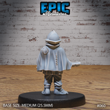 Halfling guard from behind showing a broad cape falling to mid-thigh with a spine of decorative stitching down the centre and a circular badge fastened at the left shoulder, morion helmet visible above the collar. Sculpt by Epic Miniatures.