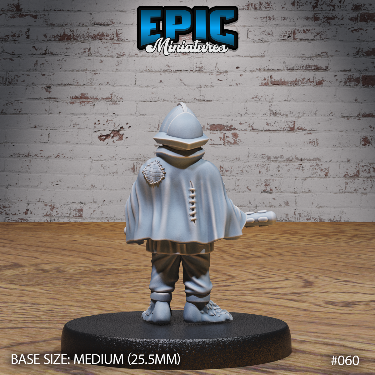 Halfling guard from behind showing a broad cape falling to mid-thigh with a spine of decorative stitching down the centre and a circular badge fastened at the left shoulder, morion helmet visible above the collar. Sculpt by Epic Miniatures.
