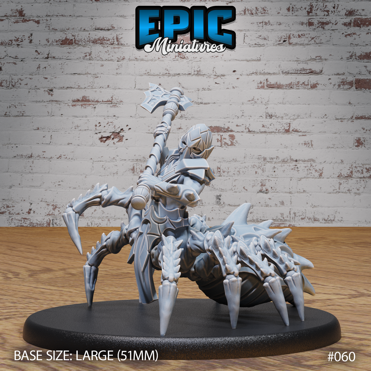 Armoured drider warrior with a spiked war-axe raised overhead, heavy plate torso fused to a sharp-legged spider body, facing forward on a 51mm oval base. Sculpt by Epic Miniatures.