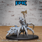 Drider Folk Warrior seen from a rear angle, showing the spider body's segmented chitin plates and claw-tipped legs, with the war-axe still raised high above the armoured humanoid torso. Sculpt by Epic Miniatures.