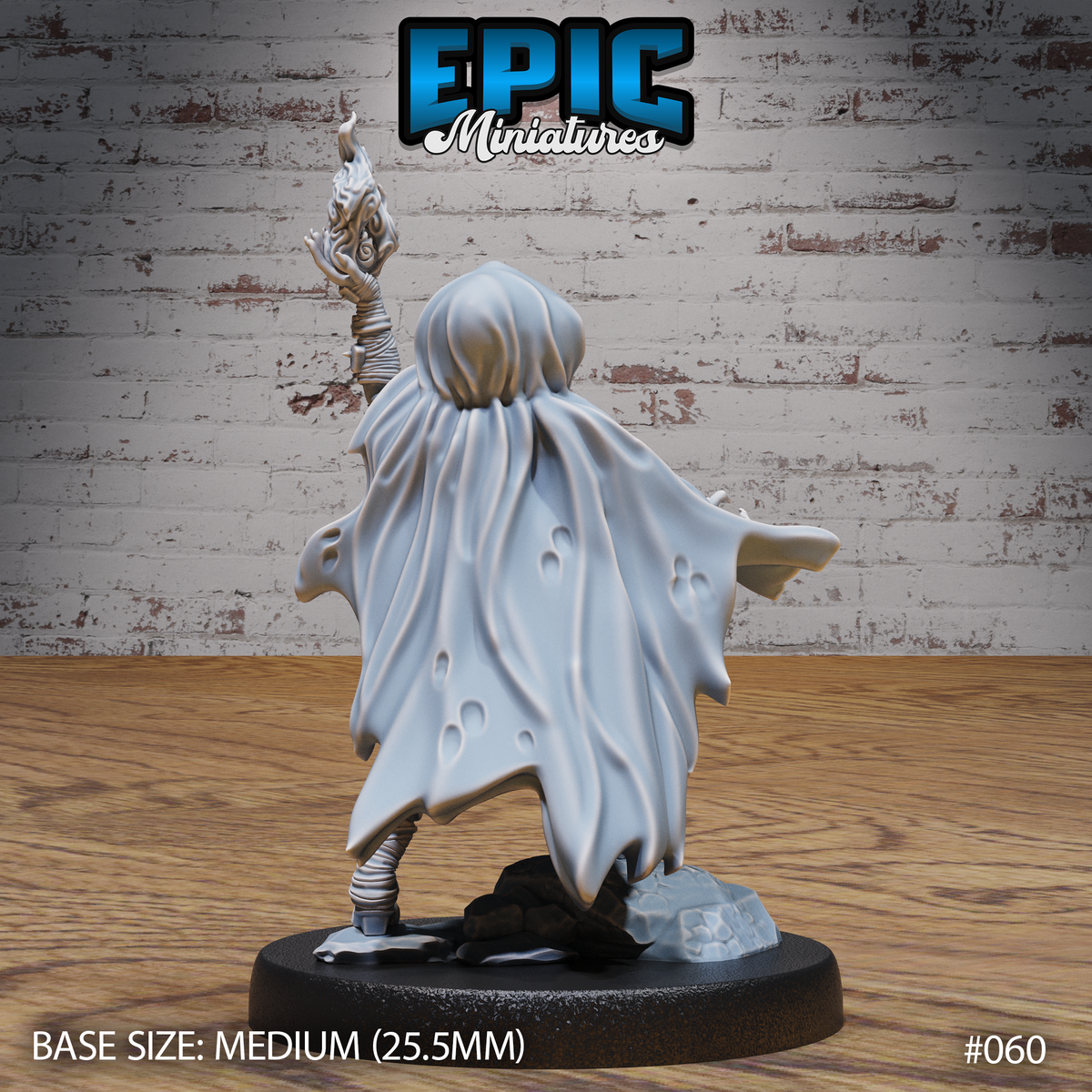Hobgoblin female sorcerer seen from behind, large billowing cloak dominating the silhouette with worn fabric detail, runic gauntlet arm raised above the hood, armoured legs visible below the cape hem, cobblestone rubble base. Sculpt by Epic Miniatures.