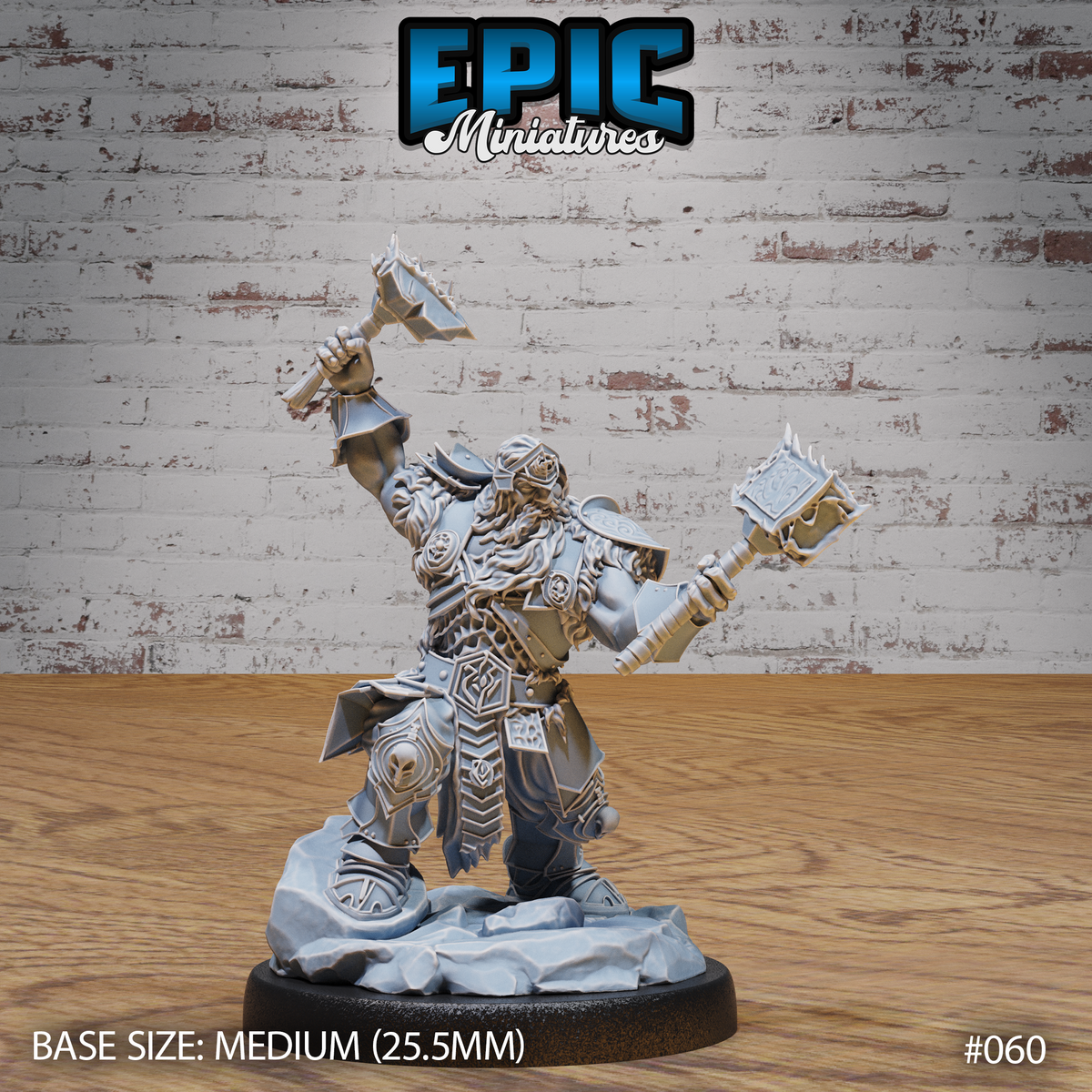 Stout armoured dwarf with braided beard, charging forward with both spiked hammers raised — one overhead, one extended outward. Ornate plate armour with clan motifs. Rocky base. Epic Miniatures.
