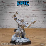 Stout armoured dwarf with braided beard, charging forward with both spiked hammers raised — one overhead, one extended outward. Ornate plate armour with clan motifs. Rocky base. Epic Miniatures.