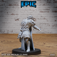 Skeleton Overlord miniature by Epic Miniatures, viewed from behind, wearing heavily filigree-engraved plate armour and a long flowing cape, skull-crested helmet with swept decorative elements, one arm extended outward. Plain round base.