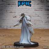 Skeleton Overlord miniature by Epic Miniatures, angled to show the front and side, ornate layered breastplate with swirling engravings, broad pauldrons, long dramatic cape sweeping to the ground, gauntleted hand raised open in a commanding gesture.
