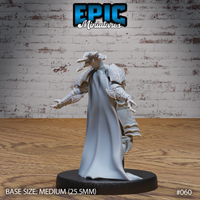 Skeleton Overlord miniature by Epic Miniatures, angled to show the front and side, ornate layered breastplate with swirling engravings, broad pauldrons, long dramatic cape sweeping to the ground, gauntleted hand raised open in a commanding gesture.