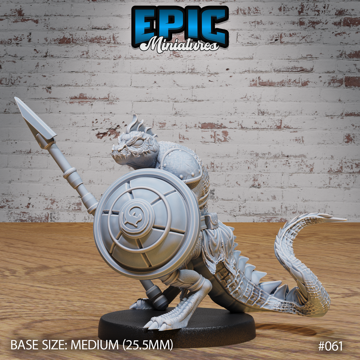 Lizardfolk warrior in a deep forward crouch, holding a broad-tipped spear aloft and gripping a large round embossed shield; studded torso armour, heavily scaled tail sweeping right. Sculpt by Epic Miniatures.