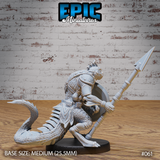 Lizardfolk warrior lunging forward with a long spear levelled two-handed, round shield tucked close to the body, armoured torso and scaled tail trailing behind. Sculpt by Epic Miniatures.