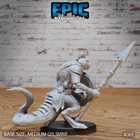 Lizardfolk warrior lunging forward with a long spear levelled two-handed, round shield tucked close to the body, armoured torso and scaled tail trailing behind. Sculpt by Epic Miniatures.
