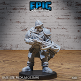 Stocky orc guard gripping a crossbow at chest height, wearing a patched long coat, scarf, conical helm, and single pauldron. Sculpt by Epic Miniatures.